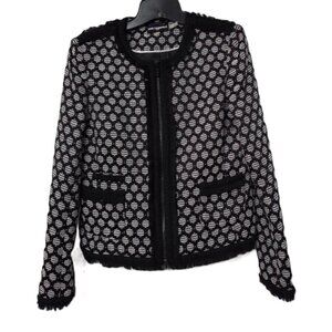 Karl Lagerfeld Black and Off White Tweed Polka Dot Fringe Blazer